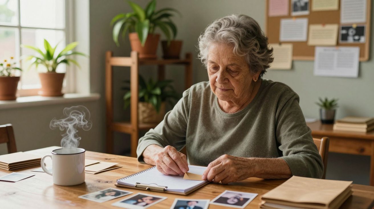 Senhora idosa escrevendo em caderno, com fotografias e chá sobre a mesa, num ambiente acolhedor com plantas.