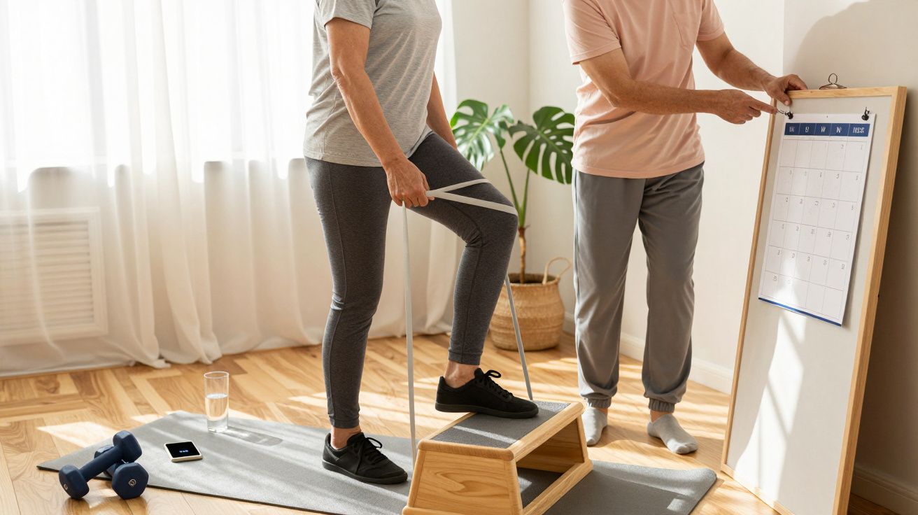Pessoa idosa faz exercício supervisionado com barra em casa, orientada por instrutor ao lado de calendário grande.
