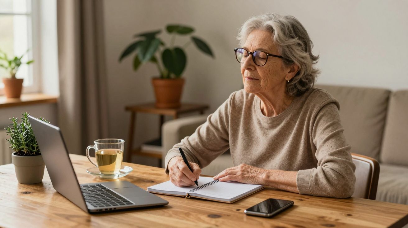 Mulher idosa de óculos tomando notas num caderno, sentada à mesa com laptop, chá e telemóvel, planta ao fundo.