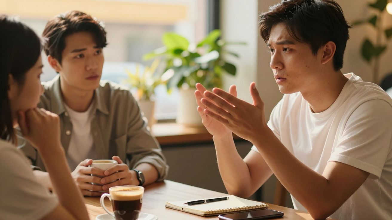 Três pessoas conversam numa mesa de café, uma delas gesticulando enquanto as outras duas escutam atentamente.