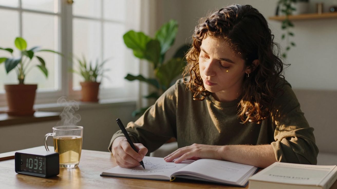 Mulher a escrever num caderno numa mesa com chá, relógio e plantas ao fundo.