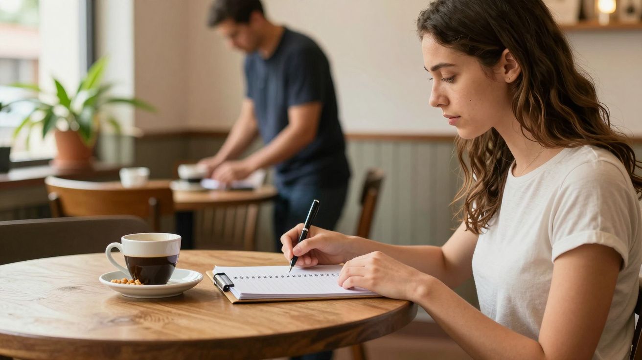 Mulher a escrever num bloco de notas numa cafetaria, enquanto um homem ao fundo mexe num tablet.