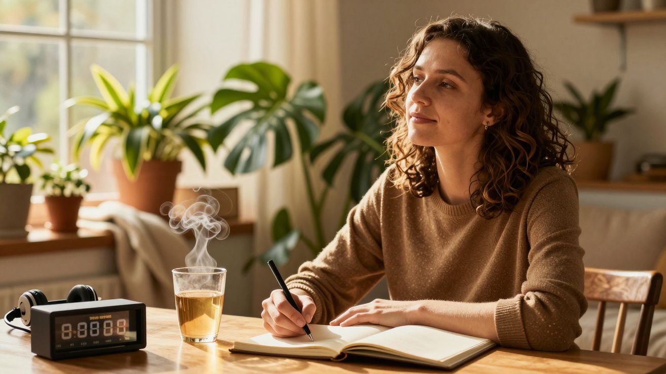 Mulher a escrever num caderno numa mesa com plantas ao fundo, chá e um relógio digital ao lado.