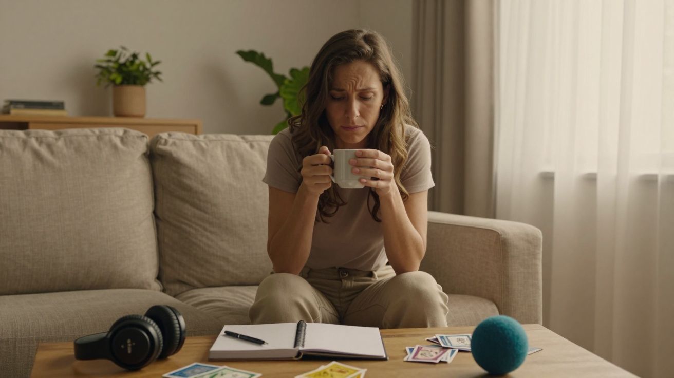 Mulher pensativa sentada no sofá, segurando uma chávena, com caderno e cartas sobre a mesa.