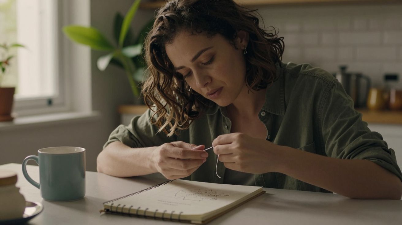 Mulher sentada à mesa num ambiente acolhedor, concentrada numa tarefa manual com um livro aberto.
