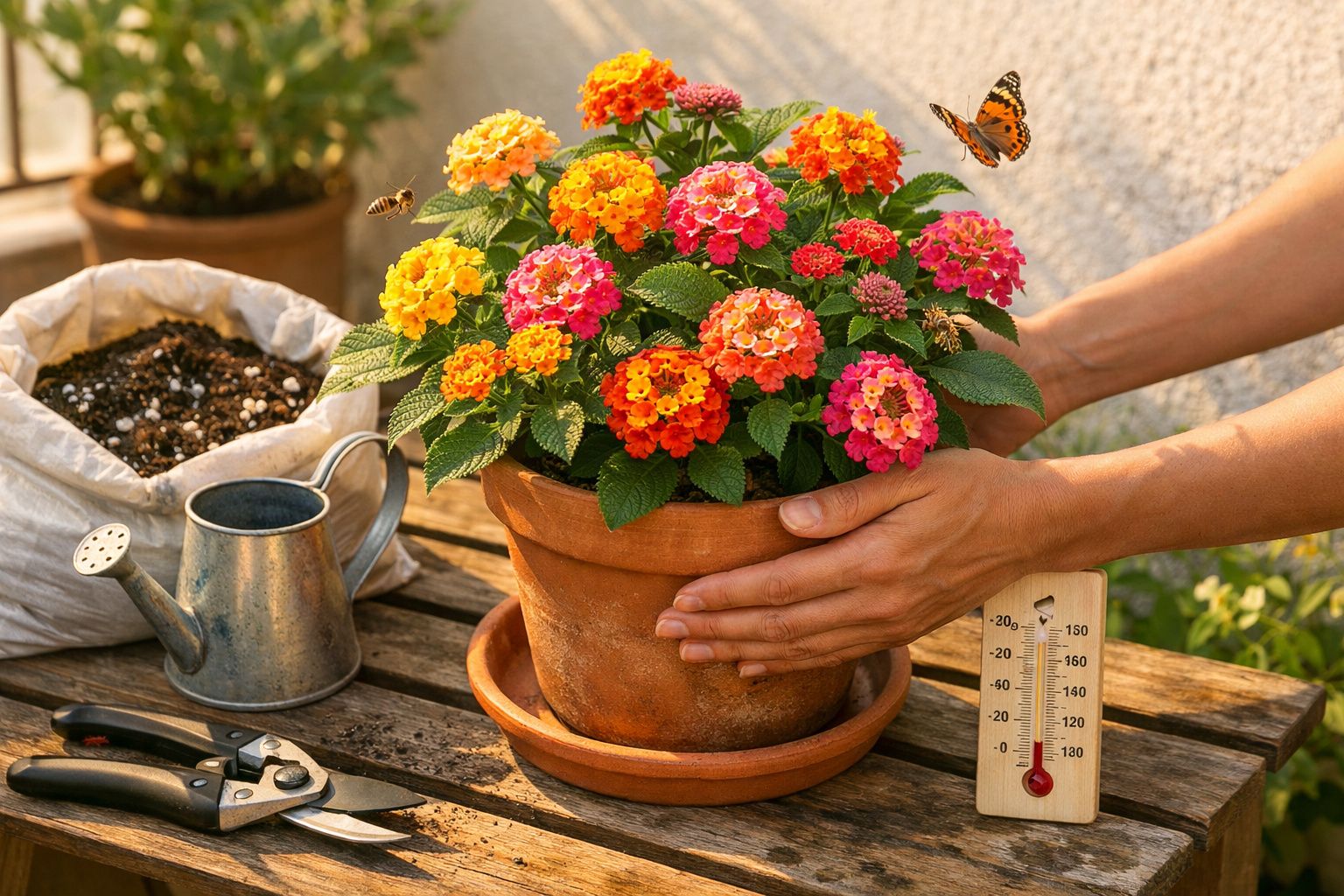 Mãos seguram vaso com flores coloridas e borboletas, ao lado de um regador e tesoura, sobre mesa branca ao ar livre.