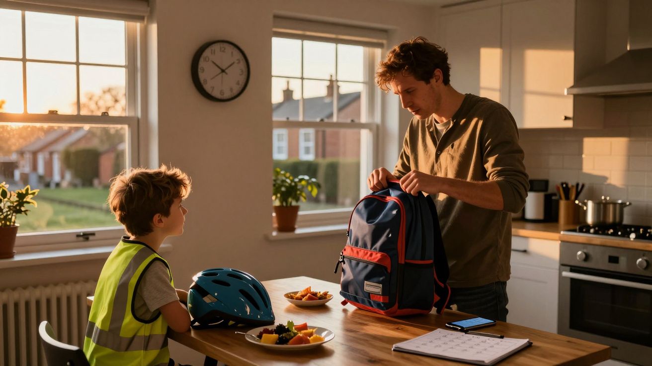 Pai e filho na cozinha de manhã. Pai arruma mochila enquanto o filho, de colete refletor, olha. Capacete e comida na mesa.