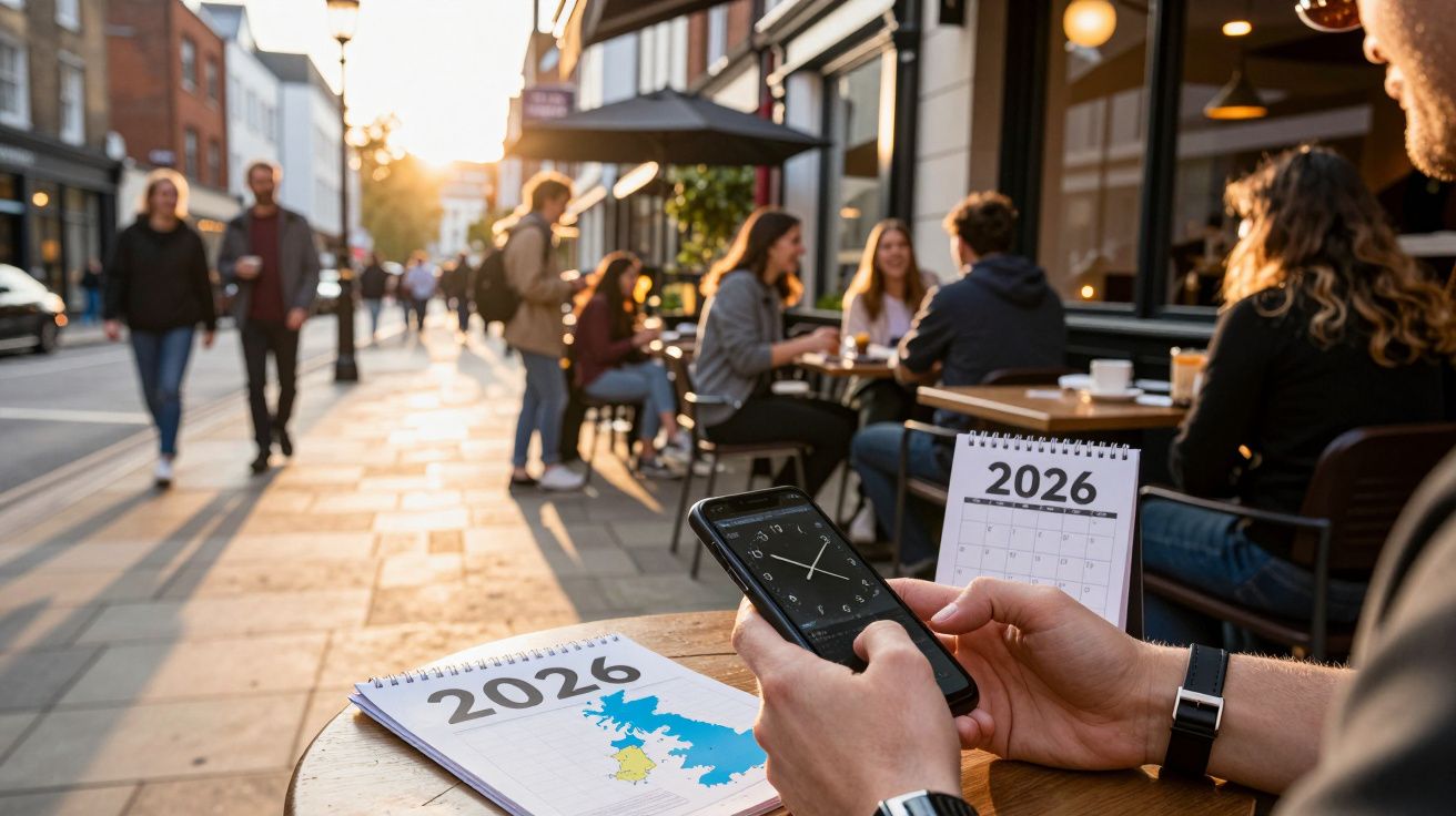 Pessoa segura smartphone em esplanada movimentada, ao pôr do sol, com calendários de 2026 na mesa.