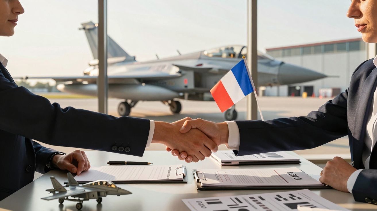 Dois executivos apertam as mãos num escritório, com um avião e uma bandeira francesa ao fundo.