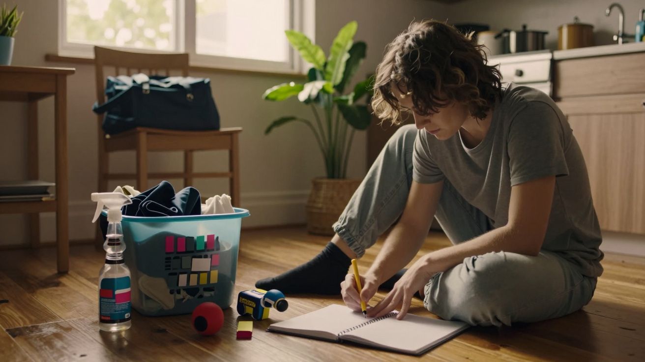 Pessoa sentada no chão a escrever num caderno, ao lado de uma caixa com produtos de limpeza, numa cozinha iluminada.