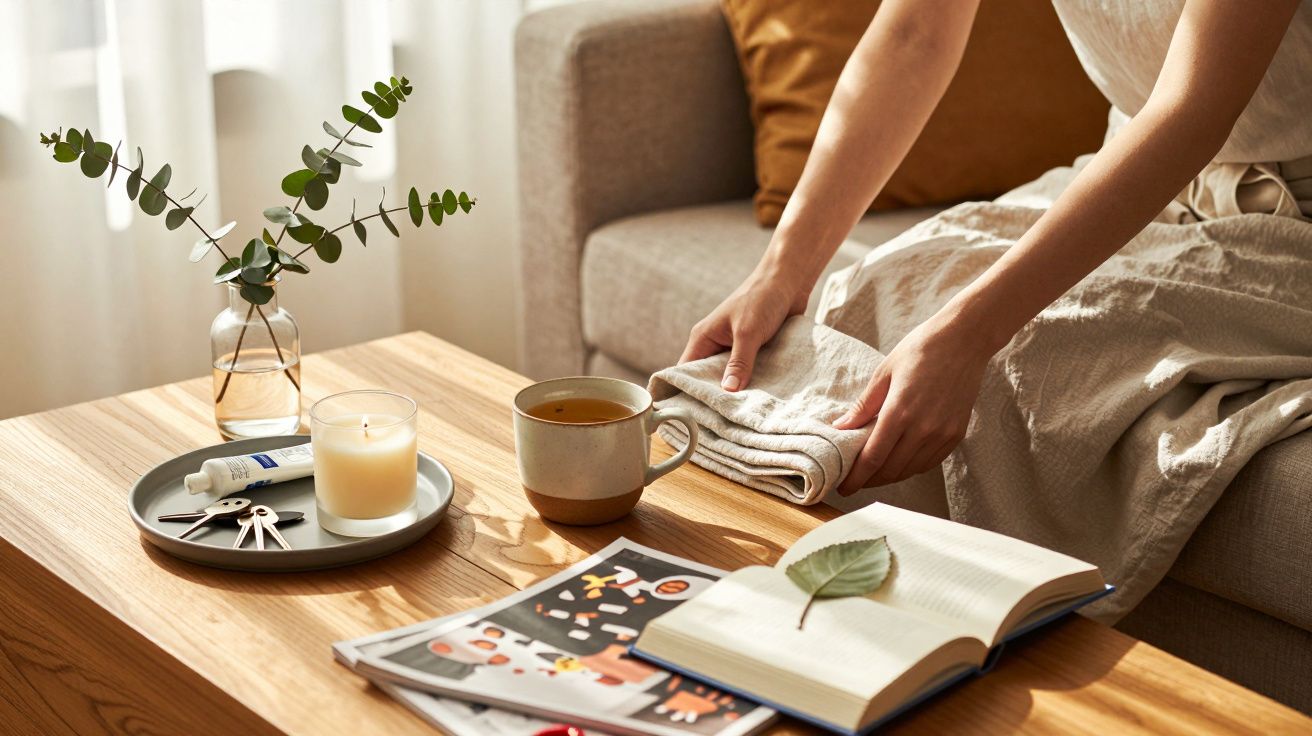 Pessoa arruma mesa de madeira com chávena, livro, vela, frasco, raminho de folhas e revistas na sala iluminada.