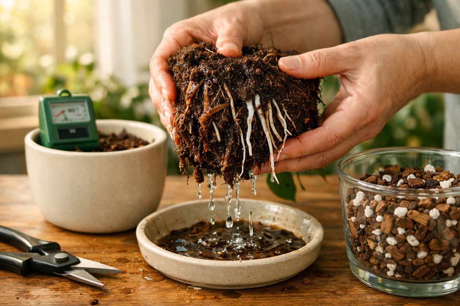 Mãos cuidam de planta em vaso sobre mesa de madeira, com frasco conta-gotas e copo ao lado.