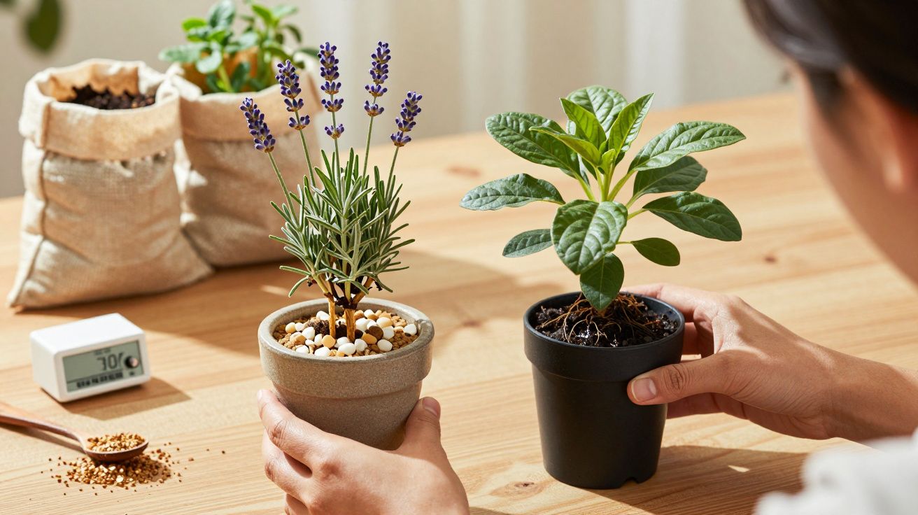 Pessoa segurando dois vasos pequenos com plantas numa mesa de madeira.