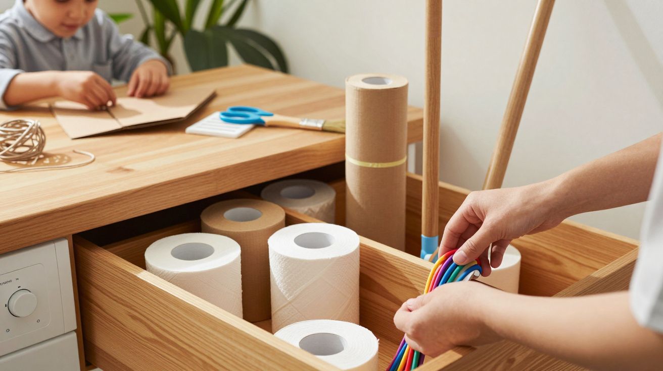 Mãos organizam rolos de fita colorida numa gaveta com papel higiénico. Criança brinca ao fundo na mesa de madeira.