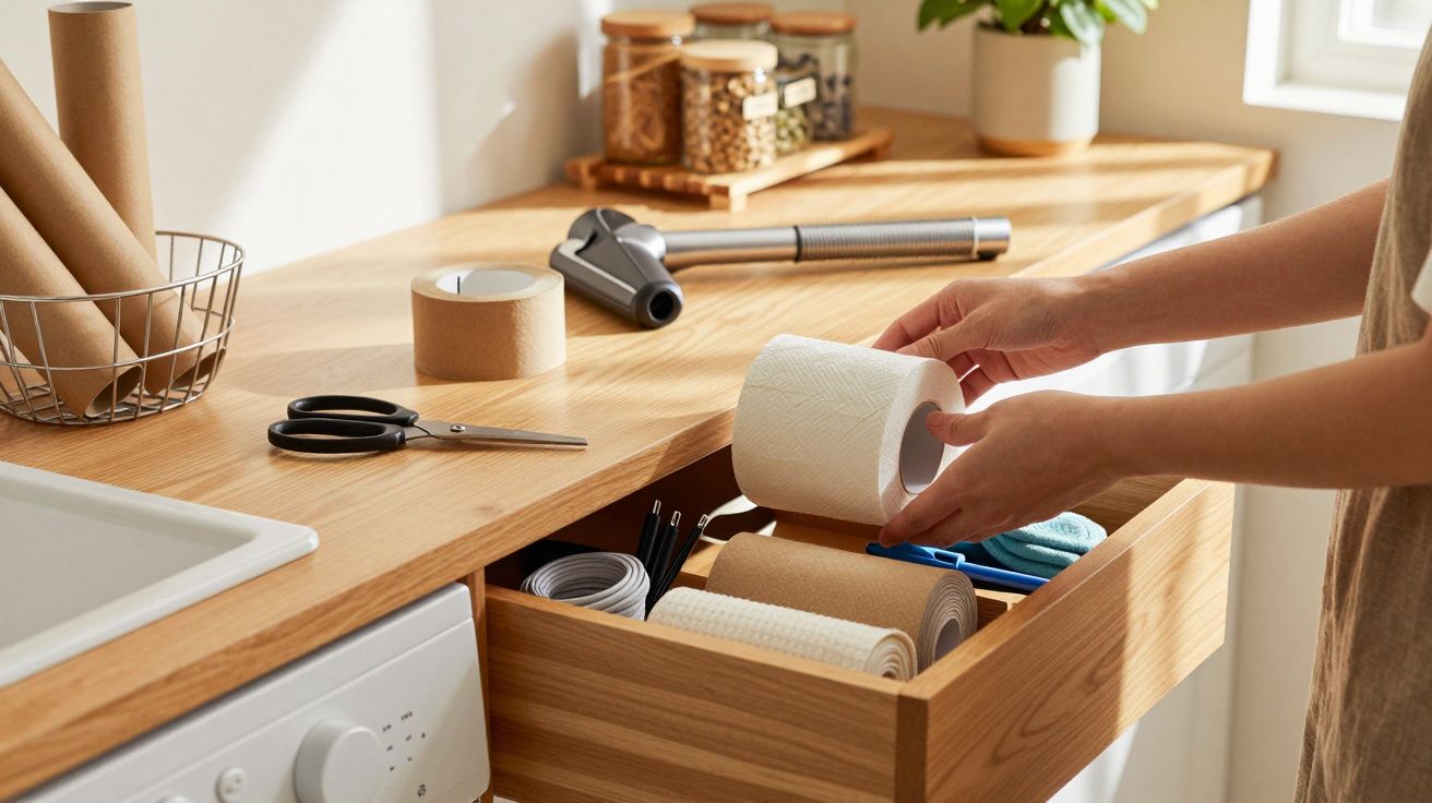 Pessoa organiza rolos de papel numa gaveta em cozinha com bancada de madeira, tesoura e aspirador.