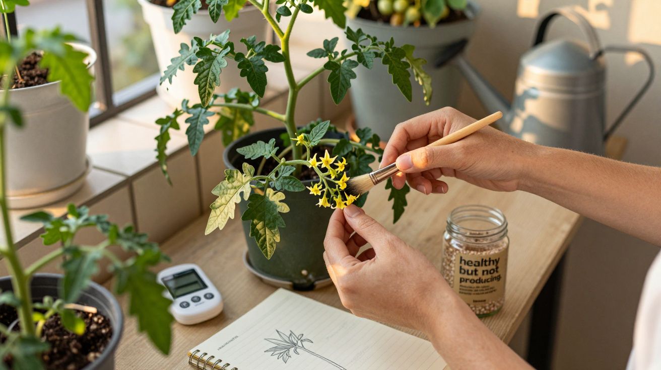 Pessoa a polinizar flores de tomateiro com pincel, perto de bloco de notas e sementes em frasco numa mesa.