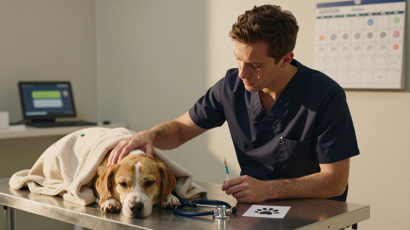 Veterinário de jaleco azul examina cão deitado em mesa, coberto por manta, segurando uma seringa na mão.