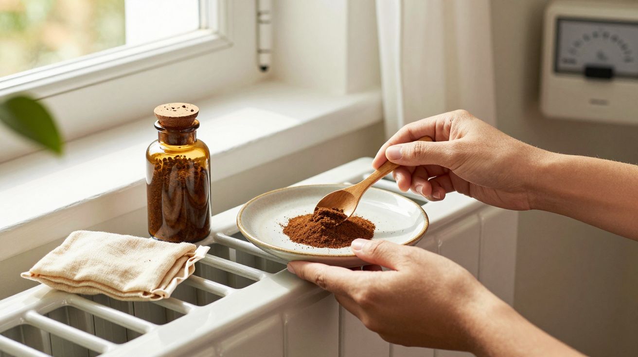 Mãos seguram prato com especiarias ao lado de frasco âmbar sobre aquecedor.