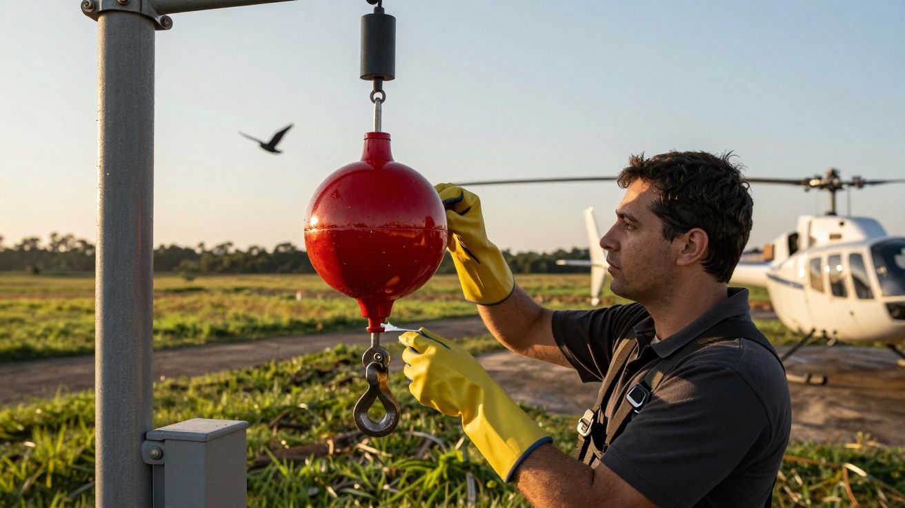 Homem de luvas amarelas ajusta equipamento ao lado de helicóptero, céus claros com pássaro em voo.