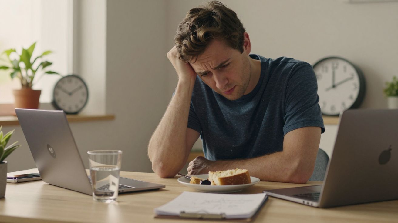 Homem pensativo com dois portáteis, sanduíche e copo de água numa mesa, relógios ao fundo.
