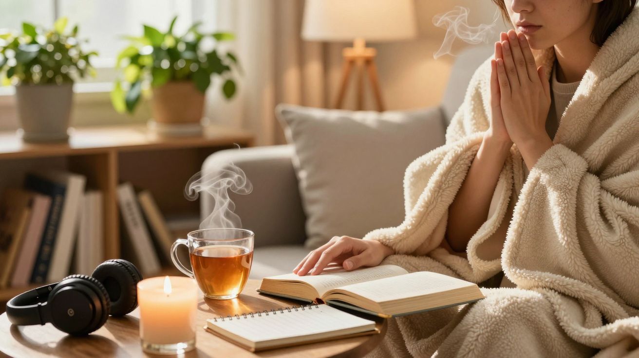 Pessoa com manta meditando ao lado de chá quente, caderno e vela acesa em sala aconchegante com plantas.