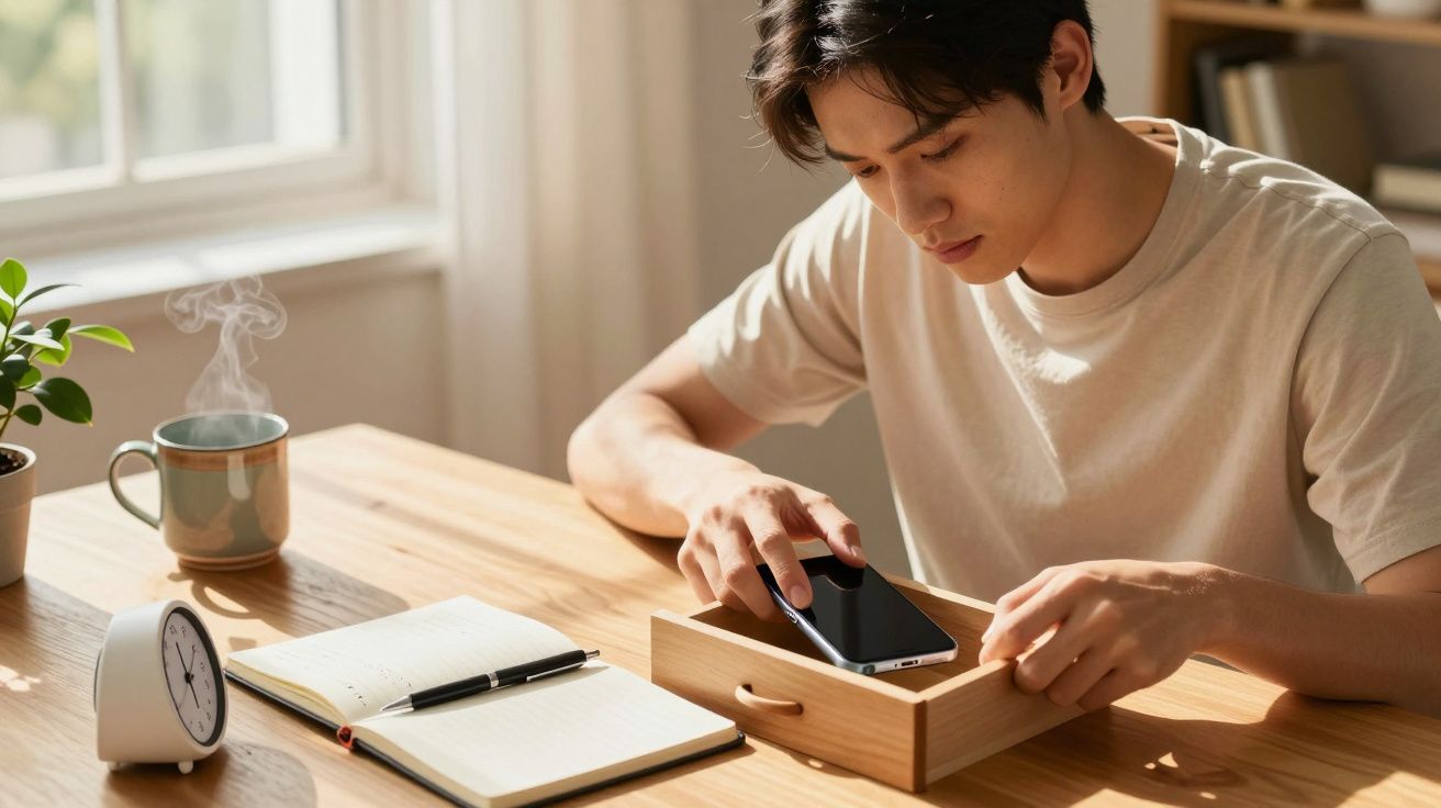 Homem guarda telemóvel numa gaveta na mesa, perto de um caderno, caneca fumegante e relógio branco.