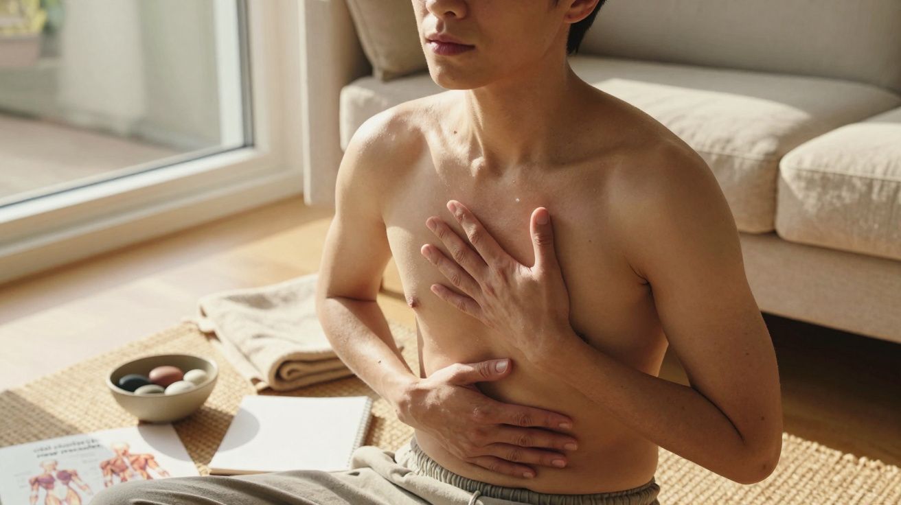 Homem jovem, sem camisa, sentado no chão em meditação, com uma mão no peito e outra no abdômen.