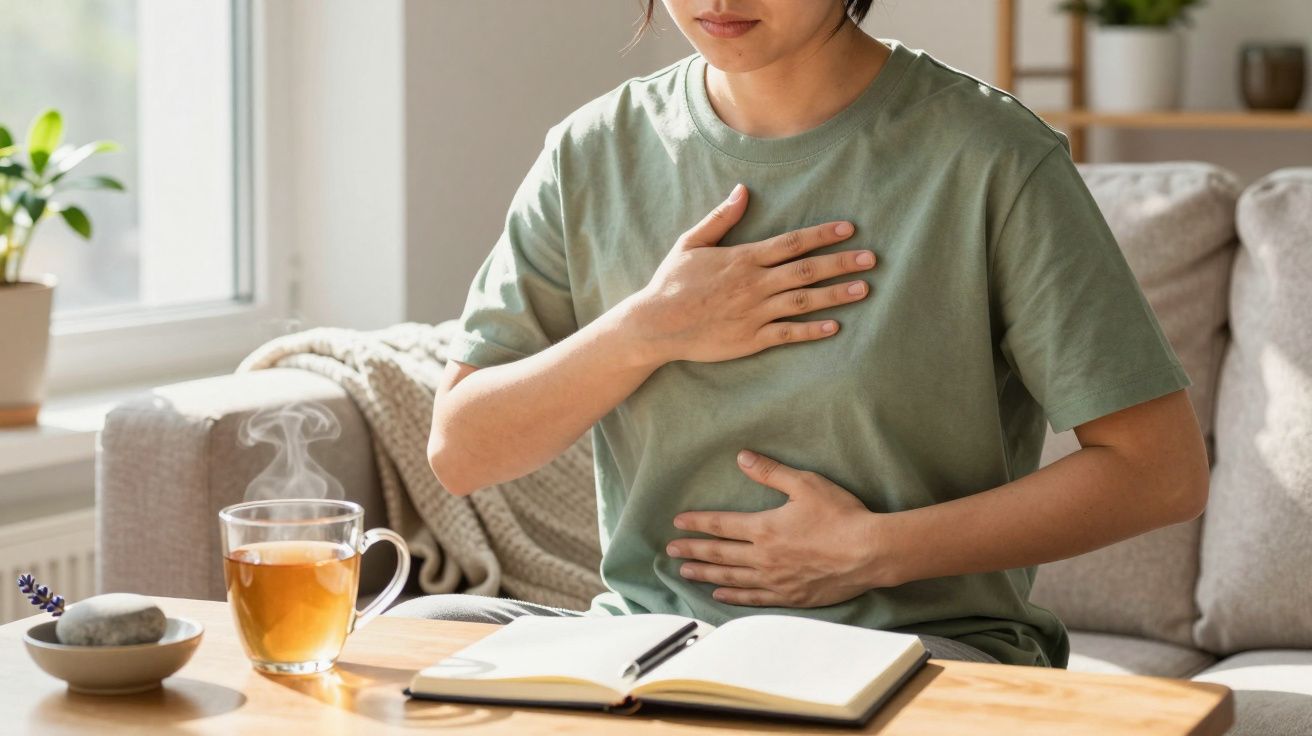 Pessoa sentada no sofá com a mão no peito e na barriga, ao lado de chá e livro aberto.