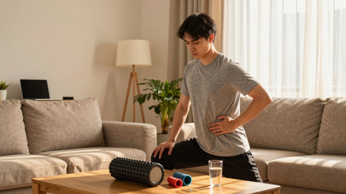 Homem a alongar-se numa sala de estar com rolo de espuma e copo de água sobre a mesa.