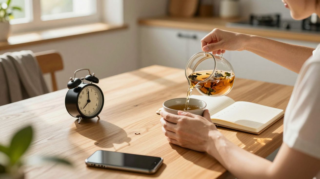 Pessoa a servir chá numa chávena na mesa de madeira com um despertador preto, um telemóvel e um caderno.