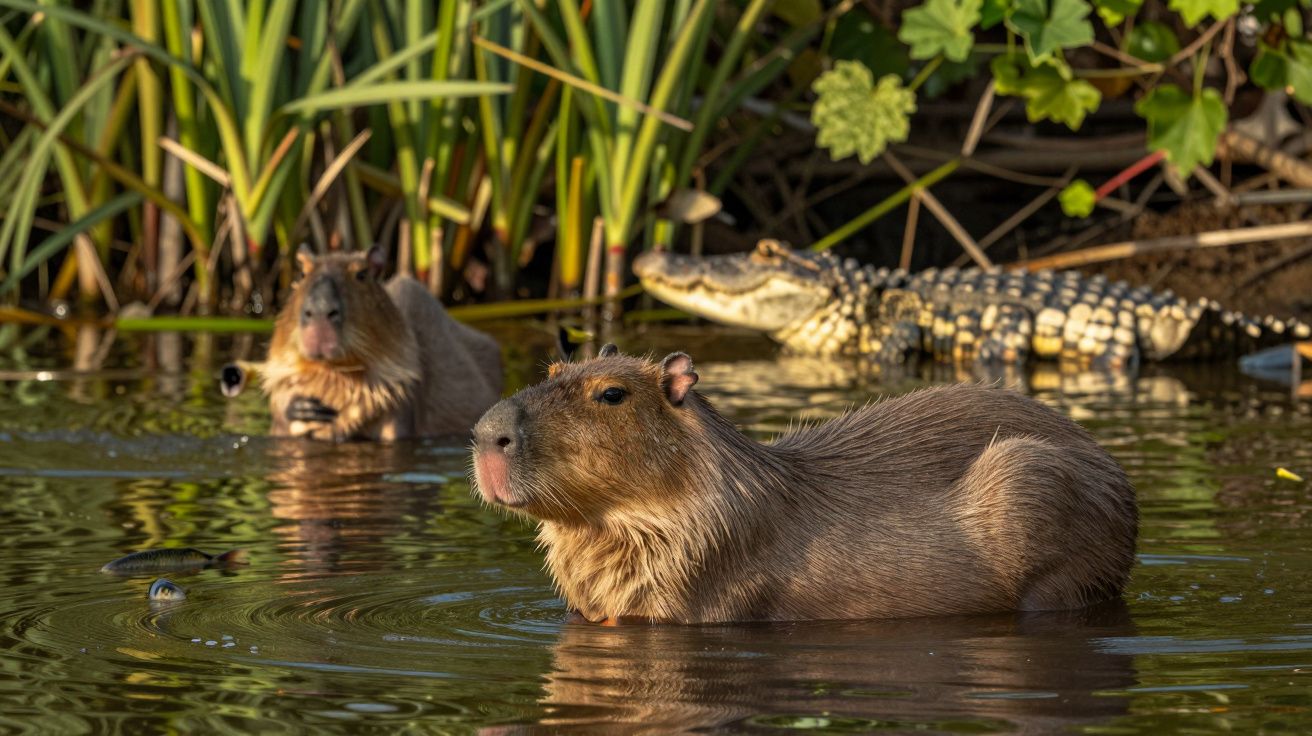 Capivaras e crocodilo descansam num lago rodeado por vegetação aquática.