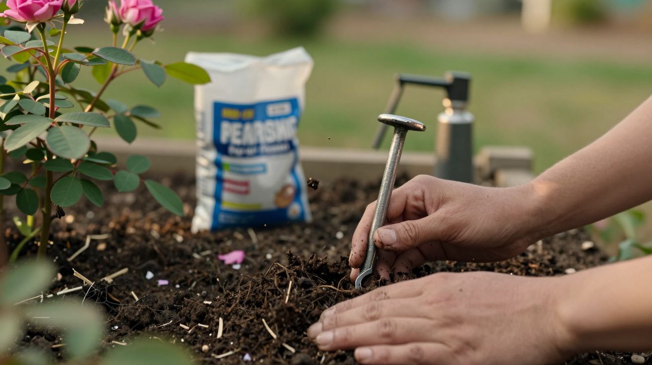 Mãos a preparar a terra num jardim com rosas e saco de fertilizante ao fundo.