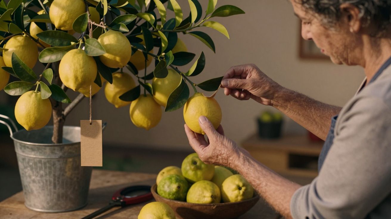 Mulher colhe limões de uma árvore em vaso sobre a mesa, ao lado de uma tigela com limões.