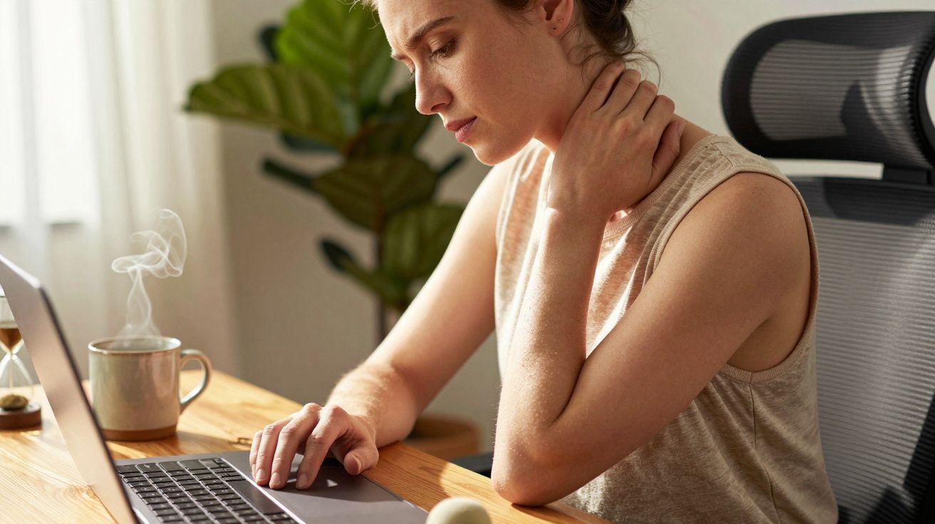 Mulher sente dor no pescoço, sentada à mesa com portátil e chávena de café, ao lado de uma planta.
