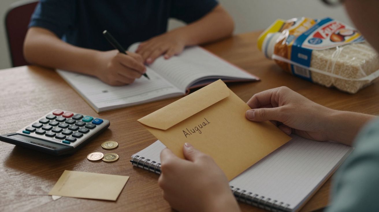 Pessoa segurando envelope com "Aluguel" escrito, ao lado de caderno, moedas, calculadora e pacote de arroz.