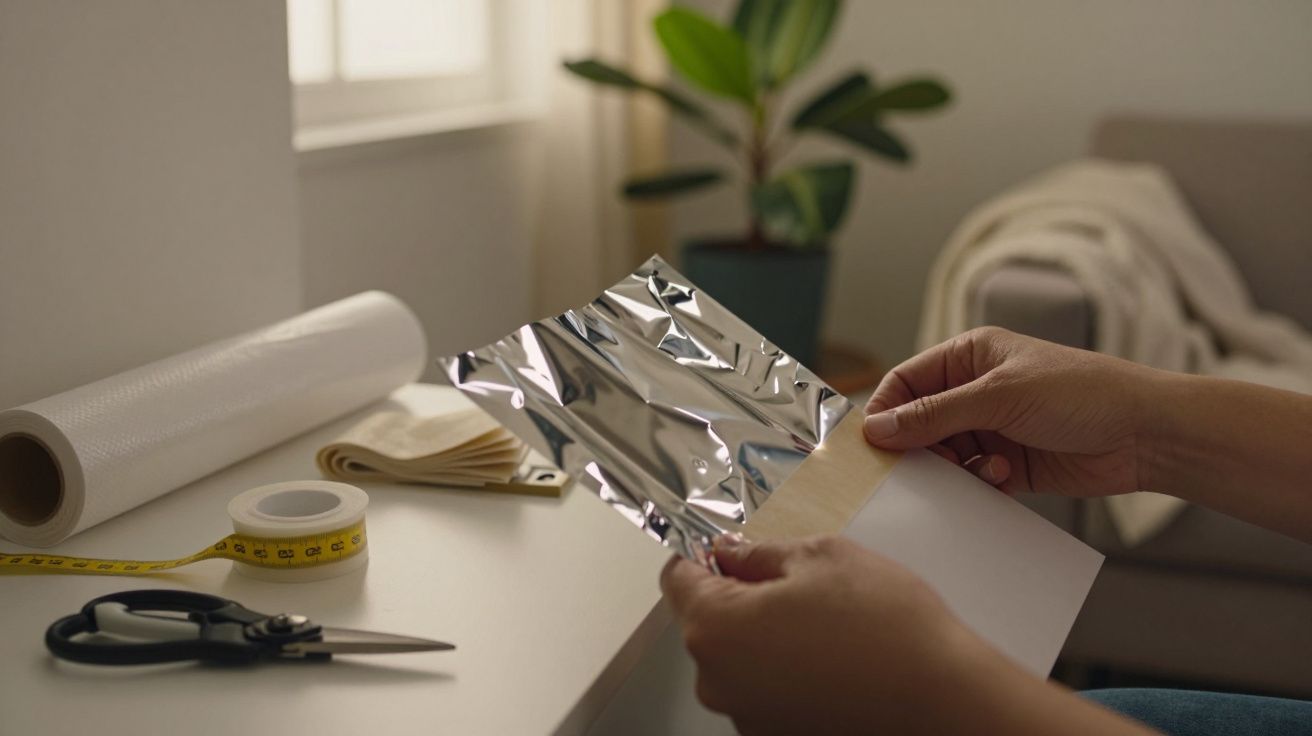 Pessoa em casa segura papel de alumínio enquanto escova, tesoura e fita métrica estão sobre a mesa.