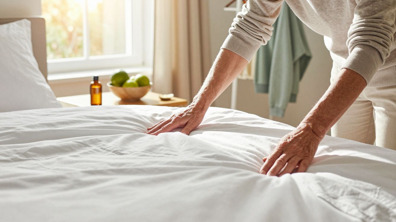 Pessoa a fazer a cama com lençóis brancos num quarto iluminado pelo sol.