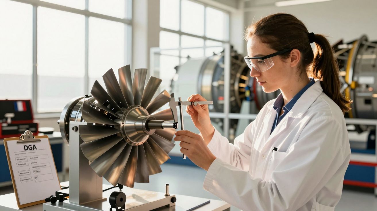 Cientista em laboratório verifica a medida de peça metálica com um micrómetro, usando óculos de segurança.