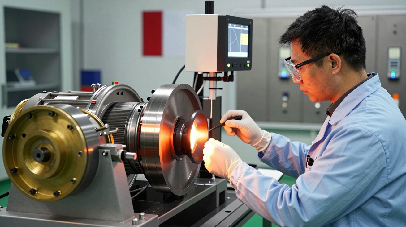 Técnico ajusta equipamento de laboratório com componentes metálicos e monitor digital, usando luvas e óculos de proteção.