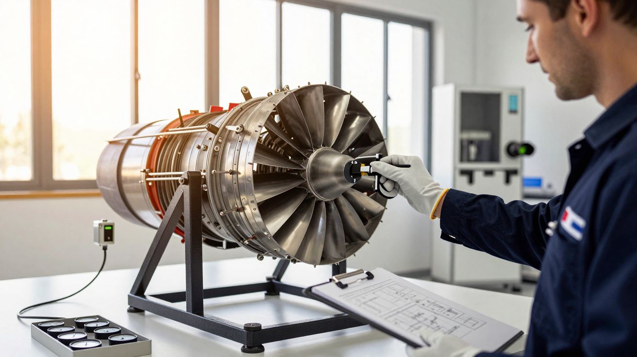Técnico inspeciona motor aeronáutico em laboratório, segurando um dispositivo de medição e um bloco de notas.