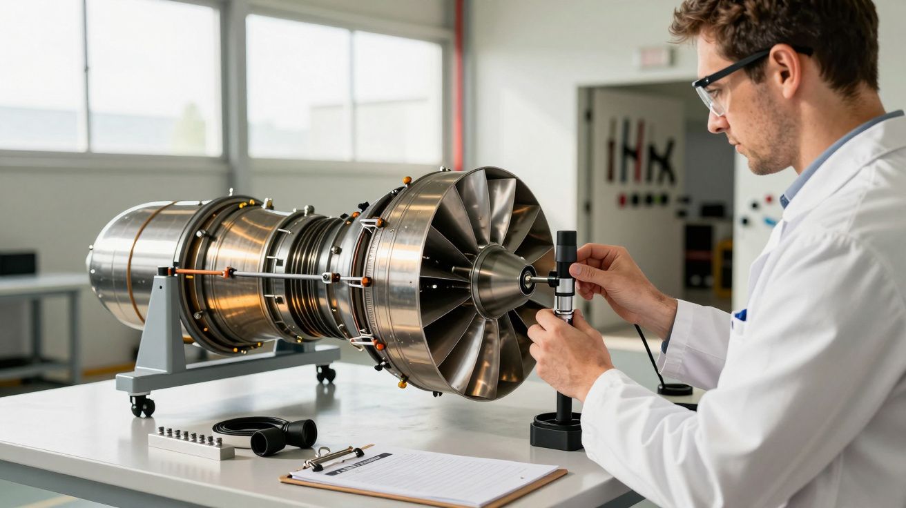 Cientista ajusta equipamento em laboratório com uma turbina metálica sobre a mesa.