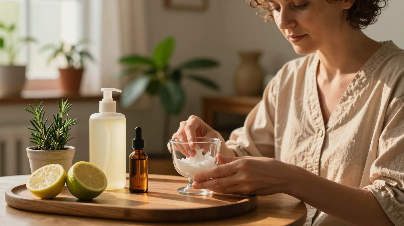 Mulher mistura ingredientes naturais numa taça, com limão, frasco de óleo e planta num tabuleiro de madeira.