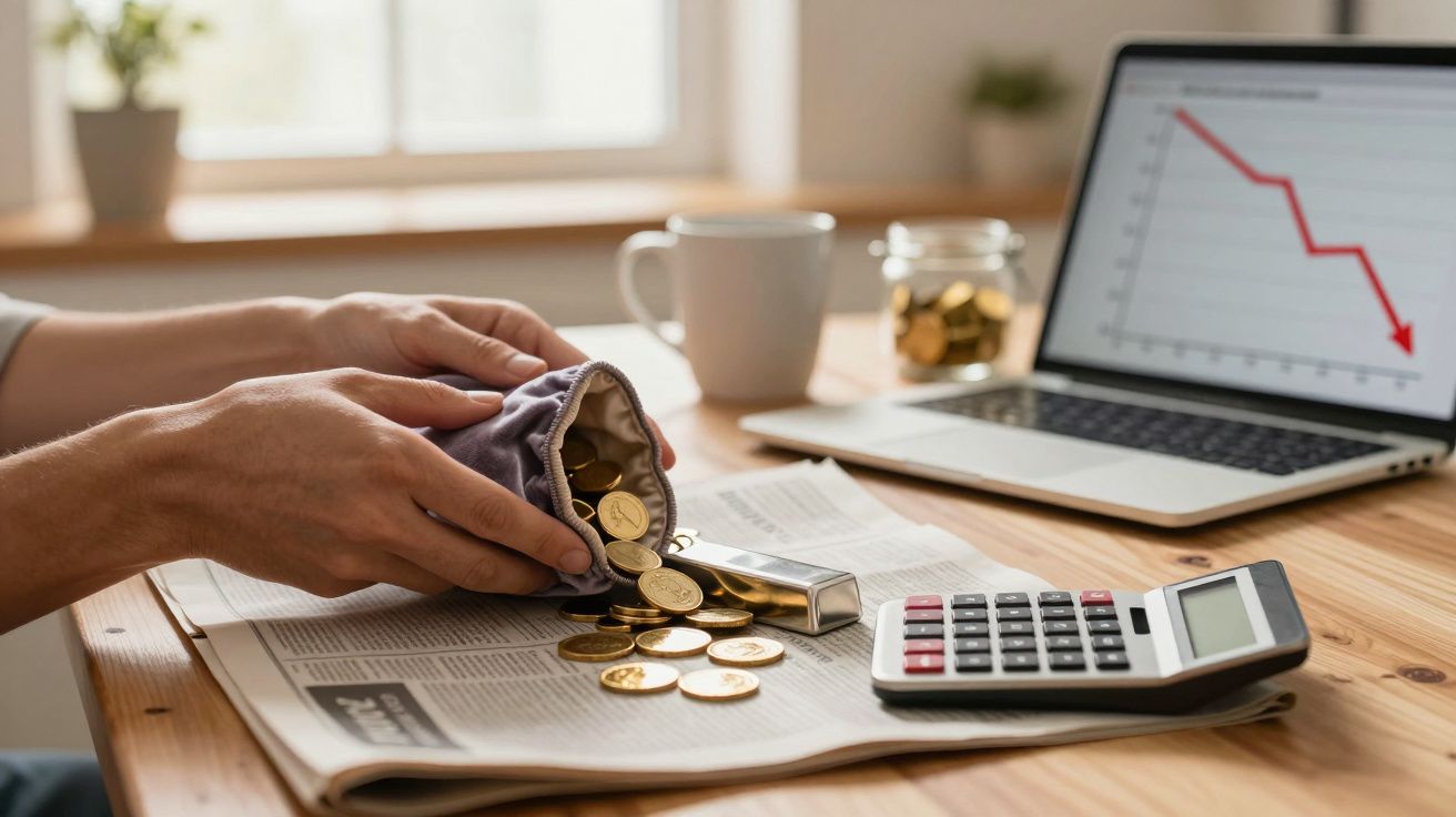 Pessoa a contar moedas numa mesa, com jornal, calculadora e portátil a mostrar gráfico em declínio.