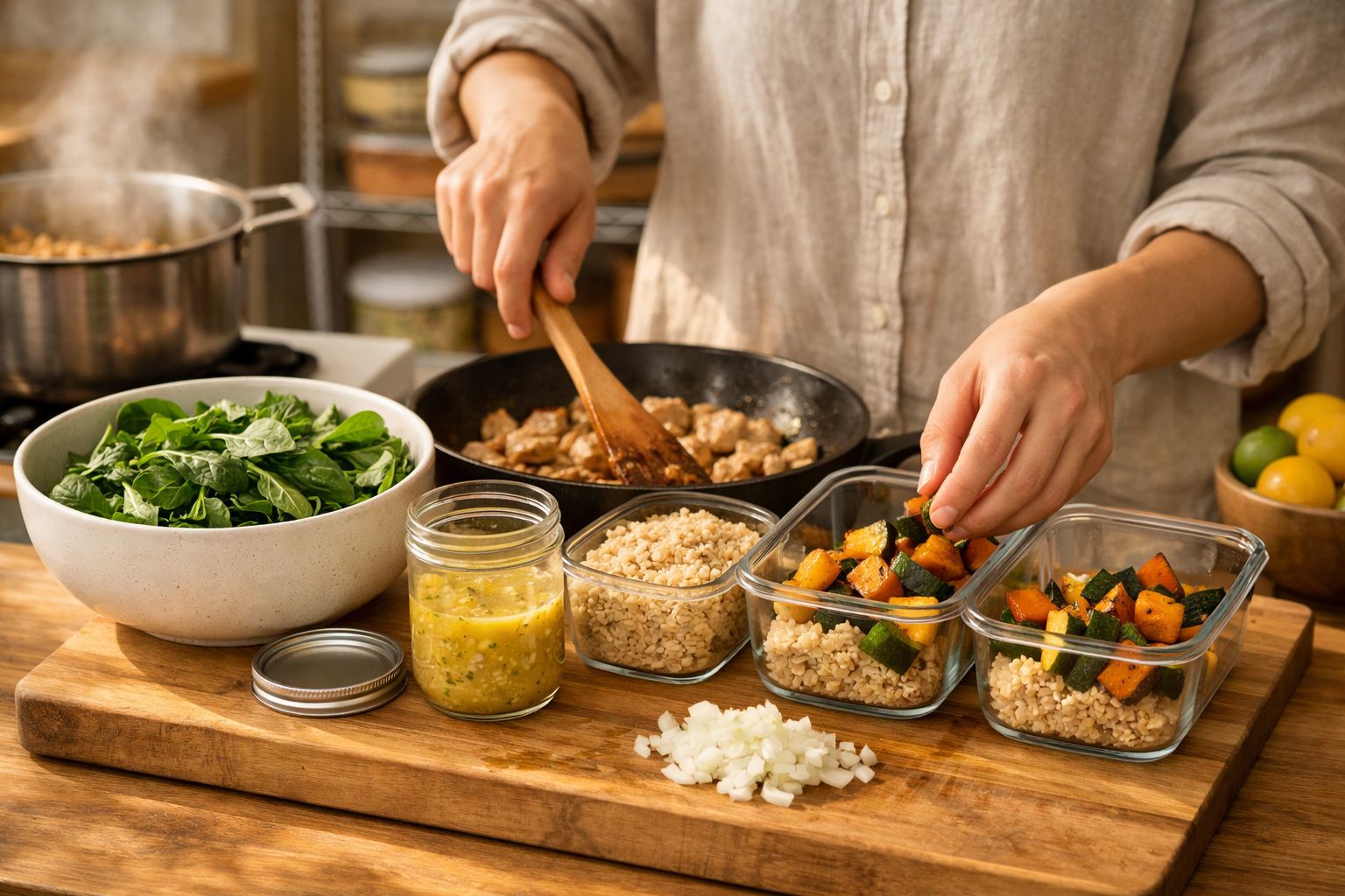 Pessoa a preparar legumes numa cozinha iluminada, com tabuleiro de forno e legumes picados sobre a bancada.