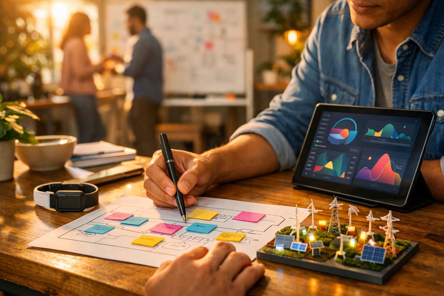 Mulher sorridente trabalha num portátil numa secretária com plantas e um estetoscópio.