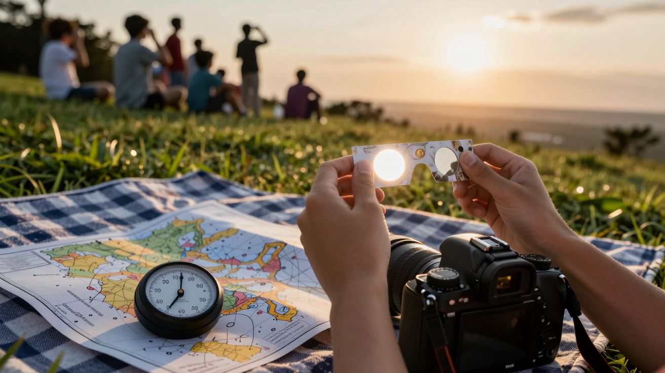 Mãos segurando óculos de eclipse, ao lado de mapa, câmara e bússola; grupo ao fundo observa o pôr do sol.