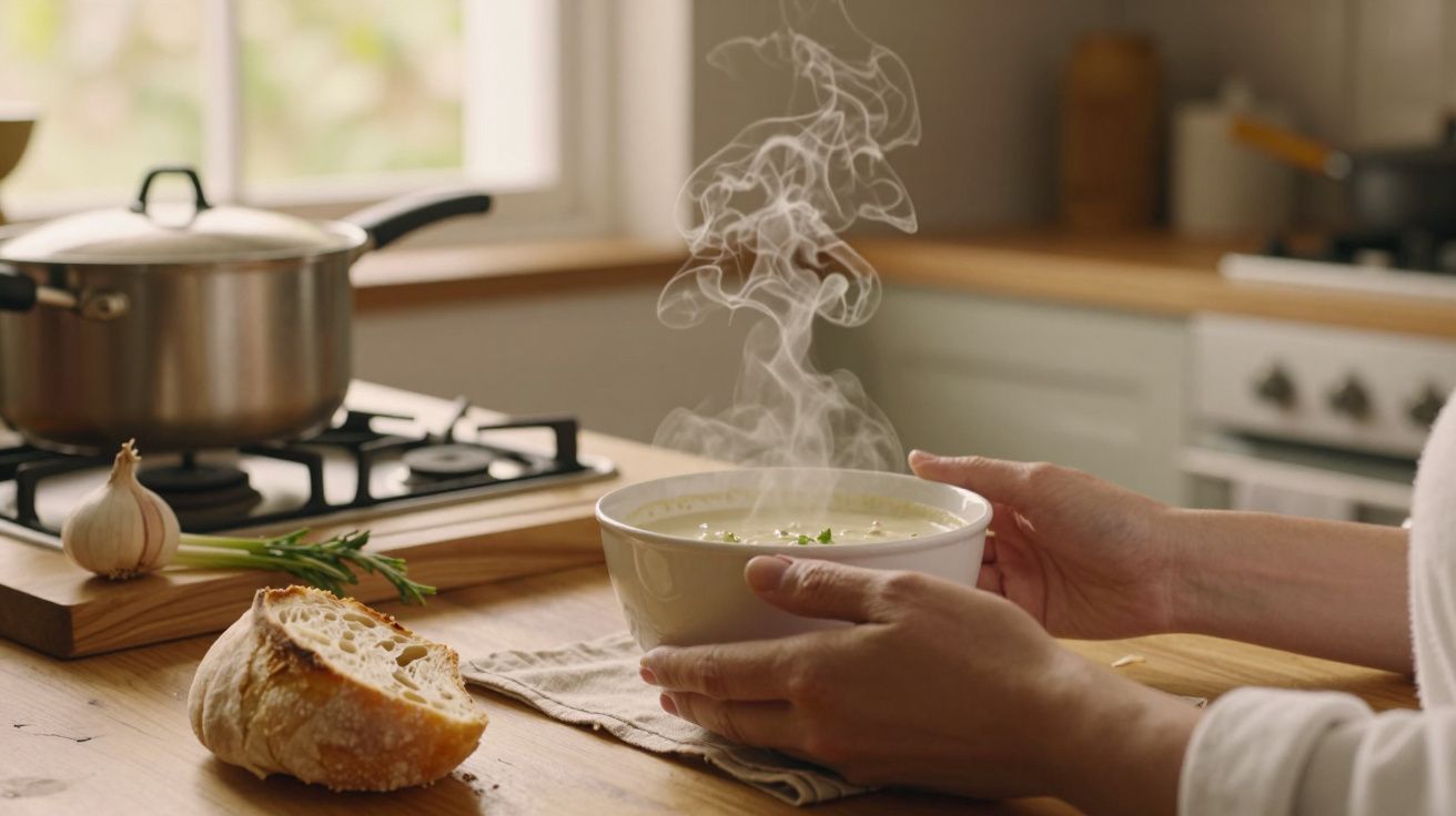 Mãos seguram uma tigela de sopa quente fumegante numa cozinha, com pão e alho sobre a bancada ao lado de um fogão.