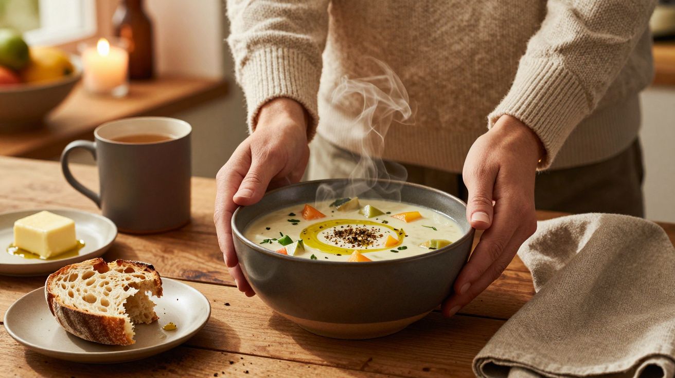 Duas mãos seguram uma tigela de sopa quente numa mesa com pão, manteiga e uma chávena.