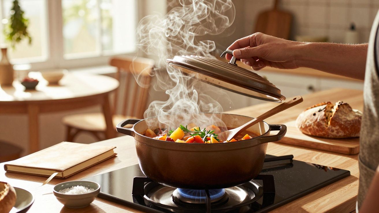 Pessoa levanta tampa de panela com legumes a ferver no fogão, com pão e sal numa cozinha iluminada.