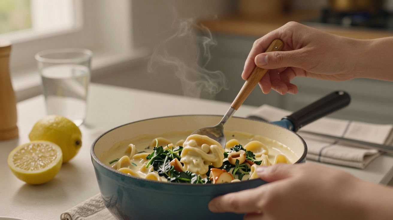 Pessoa a cozinhar massa com espinafres e tomate numa frigideira azul em cozinha iluminada por luz natural.